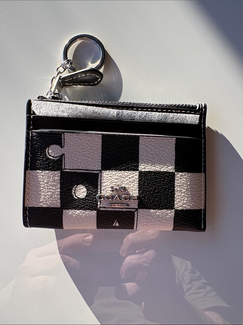 Coach Black and White Checkerboard Leather Key & Card Case with Key Ring